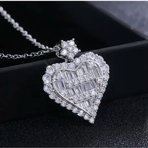 Silver Baguette Heart Diamond  Necklace